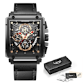 Miniatyrbild 1 av 6: 2023 nya LIGE Herrklockor Toppmärke Lyx Hollow Square Watch För män Mode Läderrem Vattentät Quartz Armbandsur Leather black