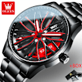 Miniatyrbild 1 av 6: OLEVS Rotation Rim Hub Sports Car Watch Herrklockor Vattentät rostfritt stål Quartz Armbandsur Herr med lysande visare Black Red