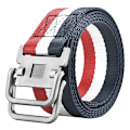 Miniatyrbild 1 av 6: Nya dubbelringspänne Canvasbälten för män Militär träningsbälten Mode utomhus metallspänne midjeband Justerbar längd RedWhite Blue Stripe 100cm