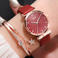 Miniatyrbild 1 av 6: Mode Damklockor Lyxig läderblomma Watch för kvinnor Dam Quartz Watch med set Reloj Mujer Leather Red Set