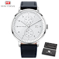 Miniatyrbild 1 av 6: MINI FOCUS Mode Herrklockor Toppmärke Lyx Quartz Watch Date Window Armbandsur Brun Äkta läderrem reloj hombre BO SILVER WHITE