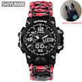 Miniatyrbild 1 av 6: Utomhus Survival Watch Multifunktionell Vattentät Militär Taktisk Paracord Watch Armband Camping Vandring Nödutrustning Red