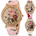 Miniatyrbild 2 av 6: HET FÖRSÄLJNING!!! Kvinnor Rhinestone Inlagd Blomma Rund Urtavla Faux Läder Band Kvarts Watch Mode Kvarts Watch Kvinnor C