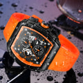 Miniatyrbild 4 av 6: MINI FOCUS Chronograph Quartz Watch for Herr Tonneau Dial Military Sport Armbandsur Hane med orange silikonrem Auto Date Black