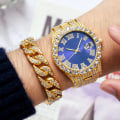 Miniatyrbild 4 av 6: 2 st Watch+armband Hip Hop rostfritt stål Watch för män Iced Out stenlagda strass herrklocka Watch Hombre 1pc Watch Gold Red