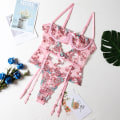 Miniatyrbild 2 av 6: Blommig broderi Spetsbody Damunderkläder Mesh Shapers Sexiga underkläder kvinnor 3-delade stringtrosor Rivjärn Push up BH Briefset pink M
