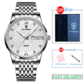 Miniatyrbild 1 av 6: POEDAGAR Brand Lyx Herrklockor Hög kvalitet Vattentät Business Casual Man Quartz Armbandsur Lysande klockor i rostfritt stål silver white and box