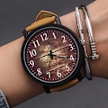 Miniatyrbild 2 av 6: Mode Casual Steampunk Klockor Män Brunt Läderband Quartz Armbandsur Man Wood Grain Watch Drop Reloj Hombre 2021 cubebrown