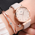 Miniatyrbild 1 av 6: Mode Damklockor Lyxig läderblomma Watch för kvinnor Dam Quartz Watch med set Reloj Mujer Leather Beige Set