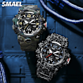 Miniatyrbild 3 av 6: SMAEL Dual Time Watch för män Mode Vattentät Quart Digital Armbandsur Väckarklocka LED Bakgrundsbelysning Kalenderklockor 8008 Camo Gray-Box
