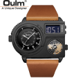 Miniatyrbild 1 av 6: Oulm 5026 New Dual Display Två tidszon Watch Man Big Dial Quartz Clock Timmar Herr Armbandsur i äkta läder black