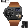 Miniatyrbild 1 av 6: Oulm 5026 New Dual Display Två tidszon Watch Man Big Dial Quartz Clock Timmar Herr Armbandsur i äkta läder black with box