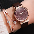 Miniatyrbild 1 av 6: Mode Damklockor Lyxig läderblomma Watch för kvinnor Dam Quartz Watch med set Reloj Mujer Leather Brown Set