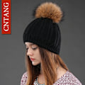 Miniatyrbild 3 av 6: Dam Dubbellagers Stickad Hatt Vinter Varma Mössor Kvinna Pom Pom Mössor Dammode Skullies Beanies Mössa White