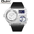 Miniatyrbild 1 av 6: Oulm 5026 New Dual Display Två tidszon Watch Man Big Dial Quartz Clock Timmar Herr Armbandsur i äkta läder silver