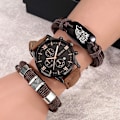 Miniatyrbild 2 av 6: Mode Casual Quartz Watch för män Brunt läder Wolf Flätad watch Armband Gfit Set för män Pojkvän Regalos Para Hombre Watch-Bracelet 01