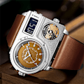 Miniatyrbild 3 av 6: Oulm 5026 New Dual Display Två tidszon Watch Man Big Dial Quartz Clock Timmar Herr Armbandsur i äkta läder silver