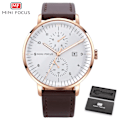 Miniatyrbild 1 av 6: MINI FOCUS Mode Herrklockor Toppmärke Lyx Quartz Watch Date Window Armbandsur Brun Äkta läderrem reloj hombre BO BN RG WHITE