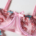 Miniatyrbild 4 av 6: Blommig broderi Spetsbody Damunderkläder Mesh Shapers Sexiga underkläder kvinnor 3-delade stringtrosor Rivjärn Push up BH Briefset pink M