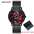 Miniatyrbild 1 av 6: Mode Hot Sell Bilfälg Herr Klockor Rostfritt stål Vattentät watch 360 graders roterande hjul Fälgskiva Quartz Armbandsur Mesh black red box