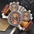 Miniatyrbild 6 av 6: Punk stil män klockor Oulm 1167 New Retro Man Quartz Watch Unik 3 Tidszon Quartz Clock Läder Man Military Armbandsur brown