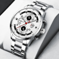 Miniatyrbild 2 av 6: Mode sportklockor för män Business rostfritt stål kvarts armbandsur Kalender Man Casual läder lysande watch Leather Silver White