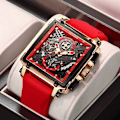 Miniatyrbild 2 av 6: 2023 nya LIGE Herrklockor Toppmärke Lyx Hollow Square Watch För män Mode Silikonrem Vattentät Quartz Armbandsur Gold red