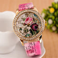 Miniatyrbild 5 av 6: HET FÖRSÄLJNING!!! Kvinnor Rhinestone Inlagd Blomma Rund Urtavla Faux Läder Band Kvarts Watch Mode Kvarts Watch Kvinnor C