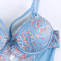 Miniatyrbild 6 av 6: Sexiga underkläder för kvinnor Spets Body Strappy Style Vadderad kopp Bygel Push Up Blommönster 4 färger Underkläder i ett stycke White 75D