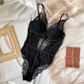 Miniatyrbild 1 av 6: Spets Sexig Body Underkläder Set Kvinna i ett stycke Push Up Mesh BH Stringdräkt Solid 3/4 kopp bygel underkläder för kvinnor Black