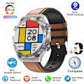 Miniatyrbild 1 av 6: NFC AMOLED Smart Watch Herr Custom Dial Svara Ring Sport GPS Track Kompass IP68 Vattentät Smartwatch För Huawei Ultimate Silver Leather