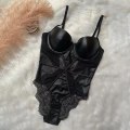 Miniatyrbild 6 av 6: Korsettkropp för kvinnor Sexig PU-lädersöm med spetsbygel Push Up Formgjuten kopp Shapewear Svart Damunderkläder Shaper Black 70C