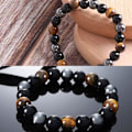 Miniatyrbillede 5 af 5: [QD] Triple Beskyttende Armbånd 2 Stykker Sort Obsidian Armbånd Tigerøje Sten Sort Hæmatit 8mm, 10mm til Mænd Metal