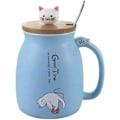 Miniatyrbillede 1 af 5: \"QD\" Keramisk Krus, Sød Kattekrus til Kaffe, Kawaii Kattekop med Låg og Rustfrit Stål Ske, Kaffe- og Mælkekrus, Blå, 420ML/14OZ