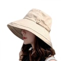 Miniatyrbilde 3 av 4: Solhatter for kvinner i bomull med bred brem UPF50+ UV Pakkbar Strandhatt Sommer Bøttehatt for Reiser, Beige