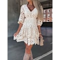 Miniatyrbilde 1 av 5: Dame Blondekjole Elegant Slank V-hals Casual Halv Erme Utthult Løs Mini Kjole Hvit Hvit White S