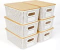 Set med 6 stapelbara förvaringslådor med bambulock - plast - vit - 25,6 x 18 x 10,7 cm