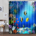 Miniatyrbild 1 av 4: Ocean Kids Badrum Undervattens Duschdraperi, Färgglada Tropiska Fiskar Korallhavsdjur Tyg Blå Dusch