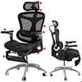 Miniatyrbillede 2 af 6: Drejebar kontorstol med ergonomisk lændestøtte, foldbar fodstøtte og justerbare armlæn, sort mesh 04_00062 Svart