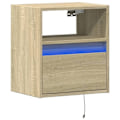 Miniatyrbillede 2 af 6: Væghængt natbord med LED-lys og skuffe 41 x 31 x 45 cm i ingeniørtræ farve eg DEC034190 kastanj