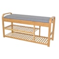 Pikkukuva 2 / 4: Bamboo bench with two natural color shelves and removable gray padded seat.
