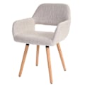 Pikkukuva 1 / 4: Retro design ilman pyöriä, kermavärinen kangasruokailupöydän tuoli, vaaleasta puusta jaloilla.