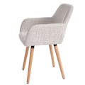 Pikkukuva 2 / 4: Retro design ilman pyöriä, kermavärinen kangasruokailupöydän tuoli, vaaleasta puusta jaloilla.