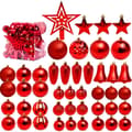 Julepyntsett i plast - 45 deler juletrepynt - Knusesikre kuler med stjerne og kuler 6/8 cm Red