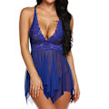 Miniatyrbilde 1 av 4: Sexy Dameundertøy Blonder Mesh V-Kledning Sling Mini Tight Dress Blå (L)