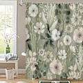 Miniatyrbild 1 av 4: Grön Blommig Duschdraperi, Sommarväxtblad Tyg Duschdraperier för Chic Elegant Badrumsinredning, Modern Ab