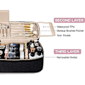 Miniatyrbillede 3 af 5: Stor Makeup Taske Organizer, Dobbelt Lag Rejse Kosmetiktaske med Akryl Spejl, Makeup Taske med Justerbare Rumdelere, Sort