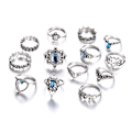 Miniatyrbillede 1 af 4: 13-pak Boho Sølvringe - Blå Rhinestones, Hjerte & Elefant Si{hh]