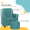 Miniatyrbillede 5 af 10: Rootz Kids Lænestolssæt - Børnesofa - Matchende osmannisk - Stilfuldt diamantryglæn - Træramme - Hyggelig polstring - Blå - 45 cm x 43 cm x 50,5 cm