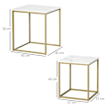 Miniatyrbillede 3 af 6: Rootz 2 sideborde - stabelbare sideborde - bordplade i marmorlook - Lille sofabord - træmateriale - guld + hvid - 45L x 45W x 50H cm